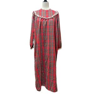 VTG L.L. Bean by Lanz Red Tartan Flannel Nightgown Lace Trim USA Made Women's M
